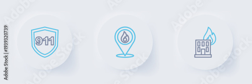 Set line Fire in burning building, Location with fire flame and Emergency call 911 icon. Vector