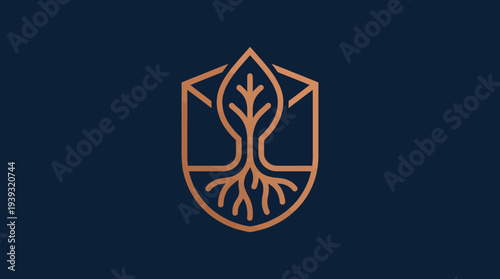 A stylish emblem featuring a tree design emerging from a shield, symbolizing strength and growth, rendered in a chic minimalist style with a modern twist.