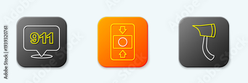 Set line Emergency call 911, Fire alarm system and Firefighter axe icon. Vector