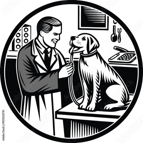 Veterinarian examining dog on table in clinic, black and white vector illustration