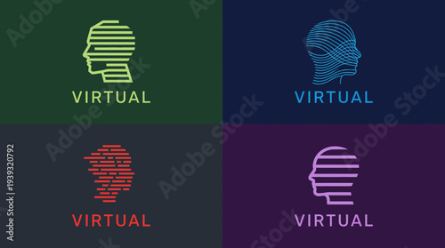 This logo features four profiles with horizontal lines, representing virtual reality concepts in a sleek, modern design that embodies technology and futuristic themes.