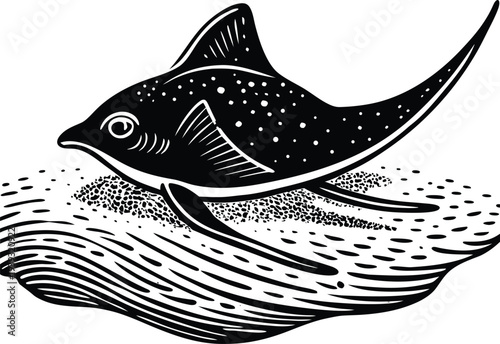 Black and white vector illustration of a spotted stingray swimming
