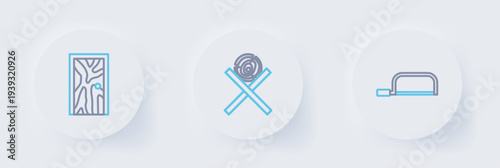 Set line Hacksaw, Wooden logs on stand and Closed door icon. Vector