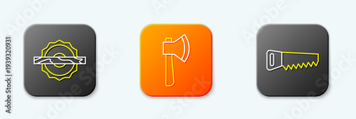 Set line Electric circular saw, Wooden axe and Hand icon. Vector