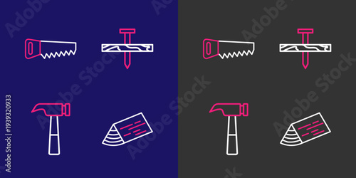 Set line Wooden beam, Hammer, Metallic nail and Hand saw icon. Vector