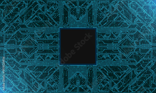 AI Artificial Intelligence chipset on circuit board in futuristic concept suitable for future technology artwork, Web Banner Abstract background, High tech technology geometric and connection system