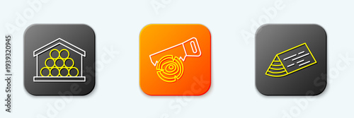 Set line Wooden logs, Hand saw and and beam icon. Vector