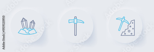 Set line Pickaxe, and Gem stone icon. Vector