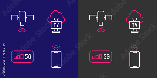 Set line Mobile with wi-fi wireless, 5G internet, Smart Tv and Satellite icon. Vector