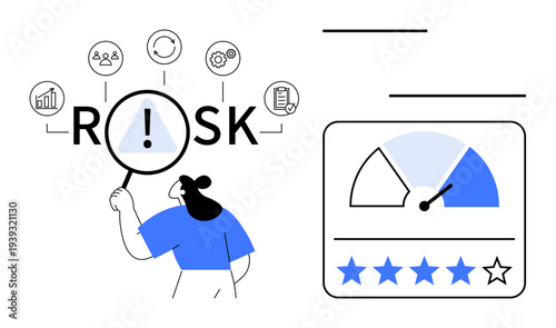 Risk management concept. Risk evaluation through analytics icons and performance gauge. Risk assessment ensures strategic planning and informed decision-making. For business, strategy, data