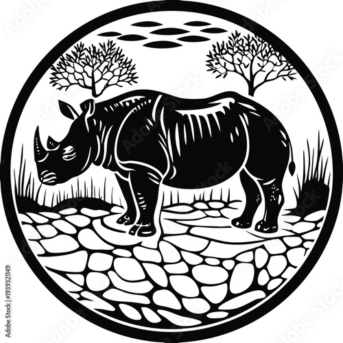 Black and white vector illustration of a rhinoceros in a circular frame