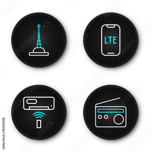 Set line Radio, Air conditioner, LTE network and Antenna icon. Vector