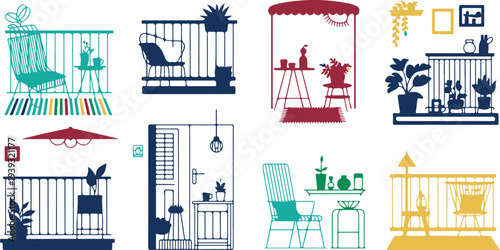 Collection of various colorful balconies and terraces with furniture and plants