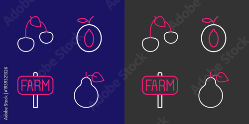 Set line Pear, Location farm, Plum fruit and Cherry icon. Vector