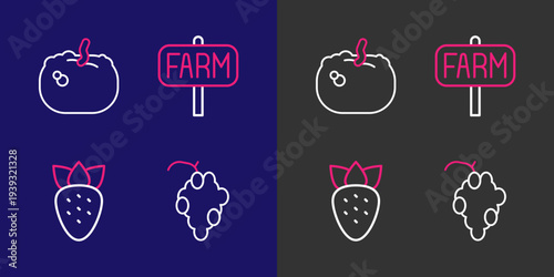 Set line Grape fruit, Strawberry, Location farm and Pumpkin icon. Vector