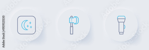 Set line Flashlight, Wooden axe and Moon and stars icon. Vector