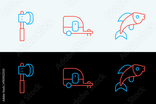 Set line Fish, Wooden axe and Rv Camping trailer icon. Vector