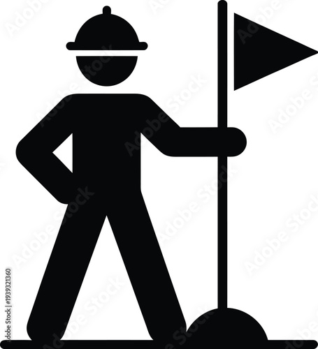Black silhouette vector icon of a person wearing a hard hat, standing with one hand on their hip and the other holding a flag planted in the ground, symbolizing achievement, goal, or success.