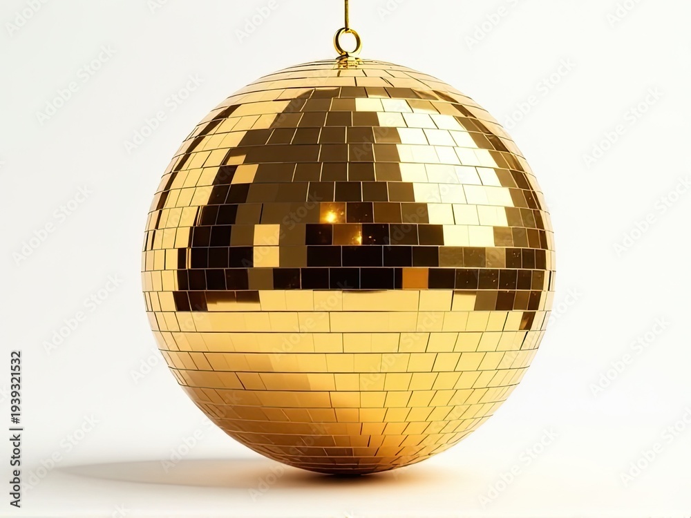 Obraz premium A shiny gold disco ball suspended from a thin golden chain, perfect for decorative use or as a party accessory