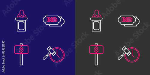 Set line Auction hammer, Hand holding auction paddle, Bid and auctioneer sells icon. Vector