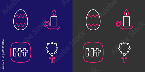 Set line Rosary beads religion, Christian cross, Burning candle in candlestick and Easter egg icon. Vector