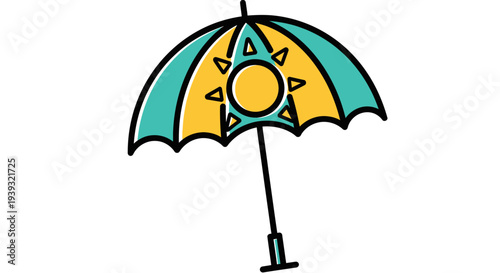 Colorful umbrella with sun design on a white background.