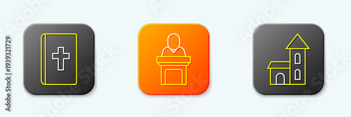 Set line Holy bible book, Church pastor preaching and building icon. Vector