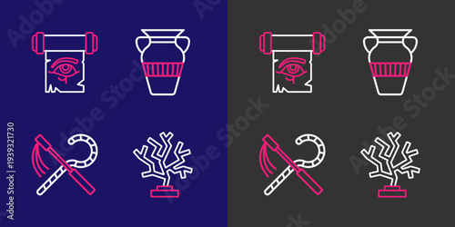 Set line Coral, Crook and flail, Egyptian vase and Eye of Horus on papyrus scroll icon. Vector