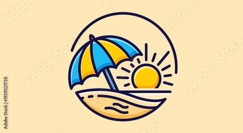 Beach scene with umbrella and sun in a circular frame.