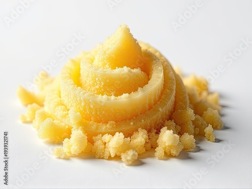 A small pile of yellow sugar sits on a white surface, ready for use or decoration
