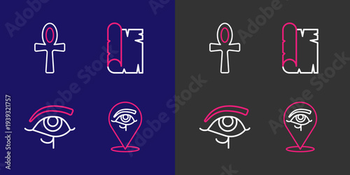 Set line Eye of Horus, Papyrus scroll and Cross ankh icon. Vector