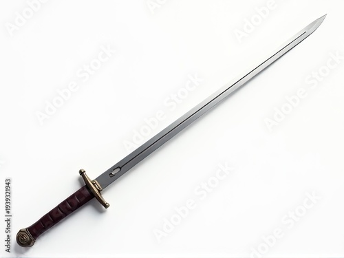 A sharp knife lying on a clean white surface with a bright red handle, ideal for use in culinary or decorative scenes