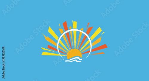 Stylized sun rising over the ocean waves illustration.
