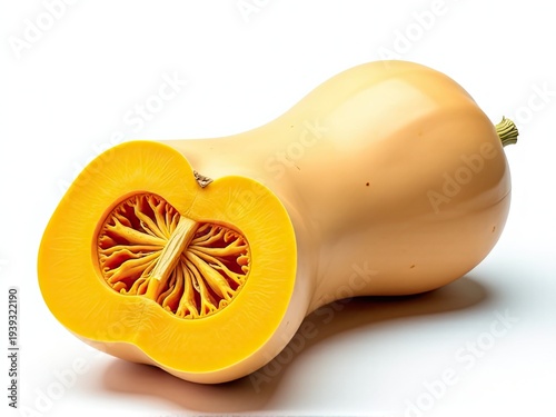 Fresh butternut squash cut in half, lying on a clean white surface