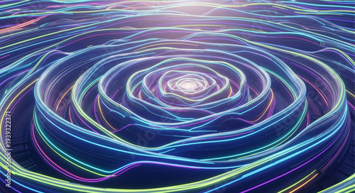 Colorful Light Trails Creating Circular Pattern on Water Surface.