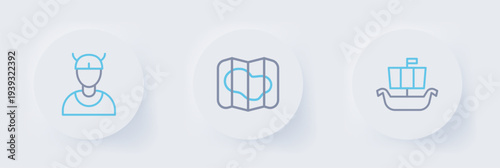 Set line Viking ship Drakkar, Map of Iceland and head icon. Vector