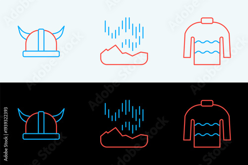 Set line Sweater, Viking in horned helmet and Northern lights icon. Vector