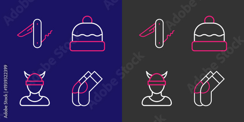 Set line Socks, Viking head, Beanie hat and Swiss army knife icon. Vector