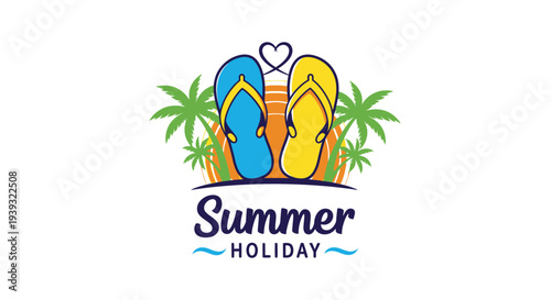 Colorful flip flops and palm trees for summer vacation.