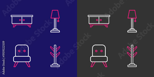 Set line Coat stand, Armchair, Floor lamp and Furniture nightstand icon. Vector