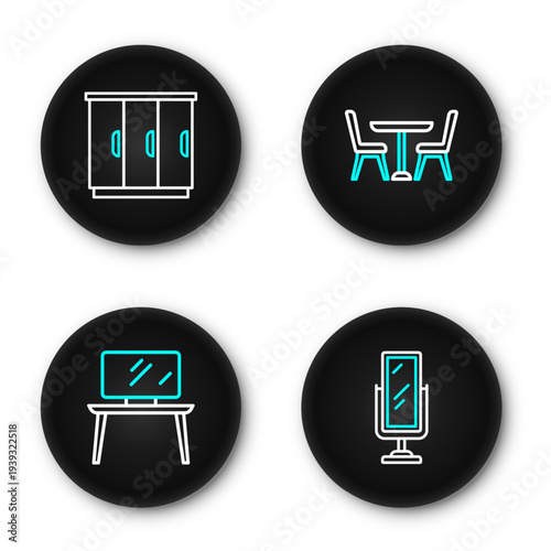 Set line Big full length mirror, TV table stand, Table with chair and Wardrobe icon. Vector
