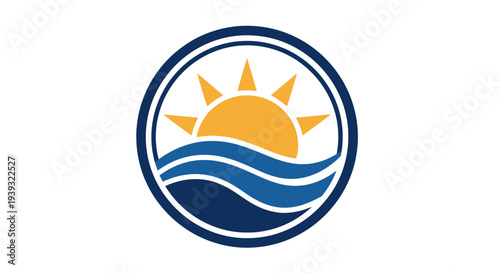 Stylized sun rising over the ocean waves in a circular logo.