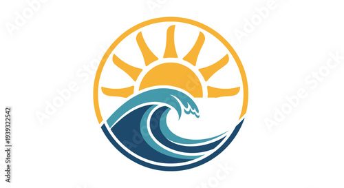 Stylized wave and sun emblem in yellow and blue hues.