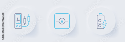 Set line Battery charge, Voltmeter and Ampere meter, multimeter icon. Vector