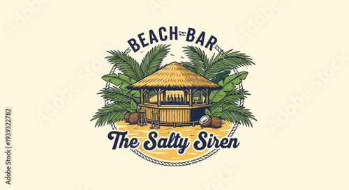 Beach Bar The Salty Siren Logo with Tropical Elements and Gazebo.