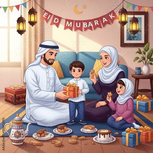Muslim family celebrating Eid at home with gifts and sweets  