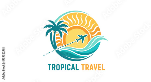 Tropical Travel Logo with Palm Tree and Airplane.