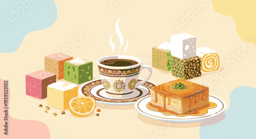 Colorful Turkish delight baklava, kadaif, lokum with lemon and coffee on beige background  