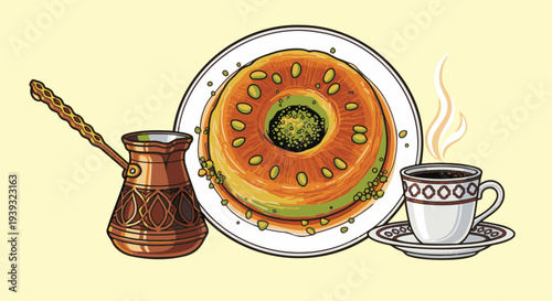 Delicious dessert with coffee and traditional Turkish kunefe on plate , local flavor