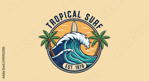 Tropical Surf Logo with Wave and Palm Trees.